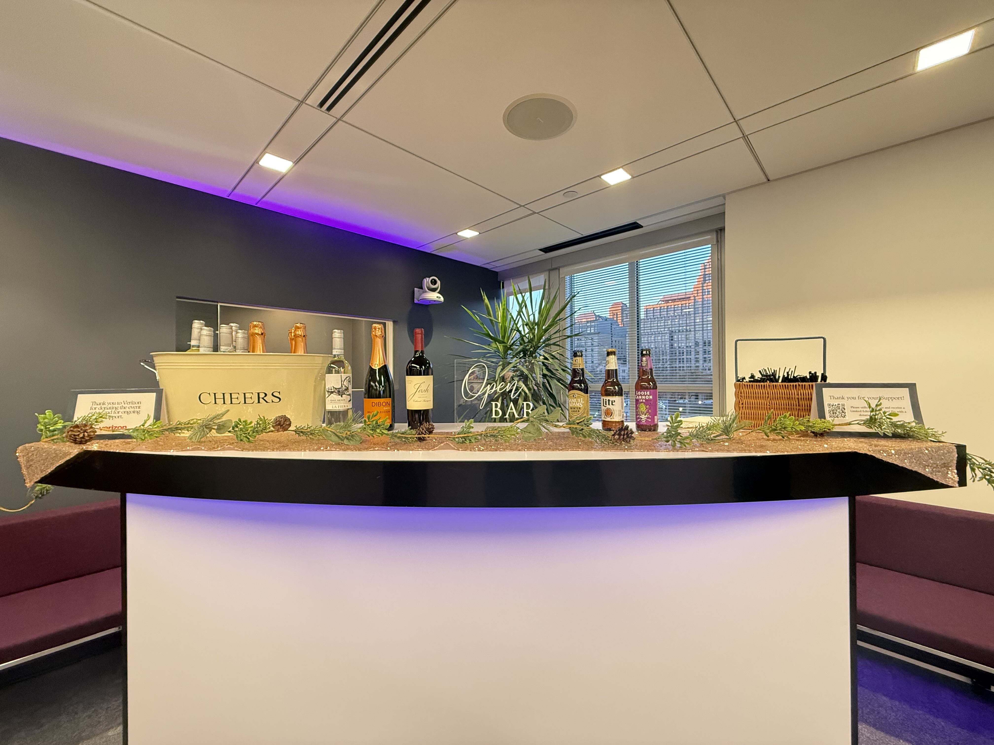 Professional corporate bar setup with ambient lighting at Old Town Alexandria office event