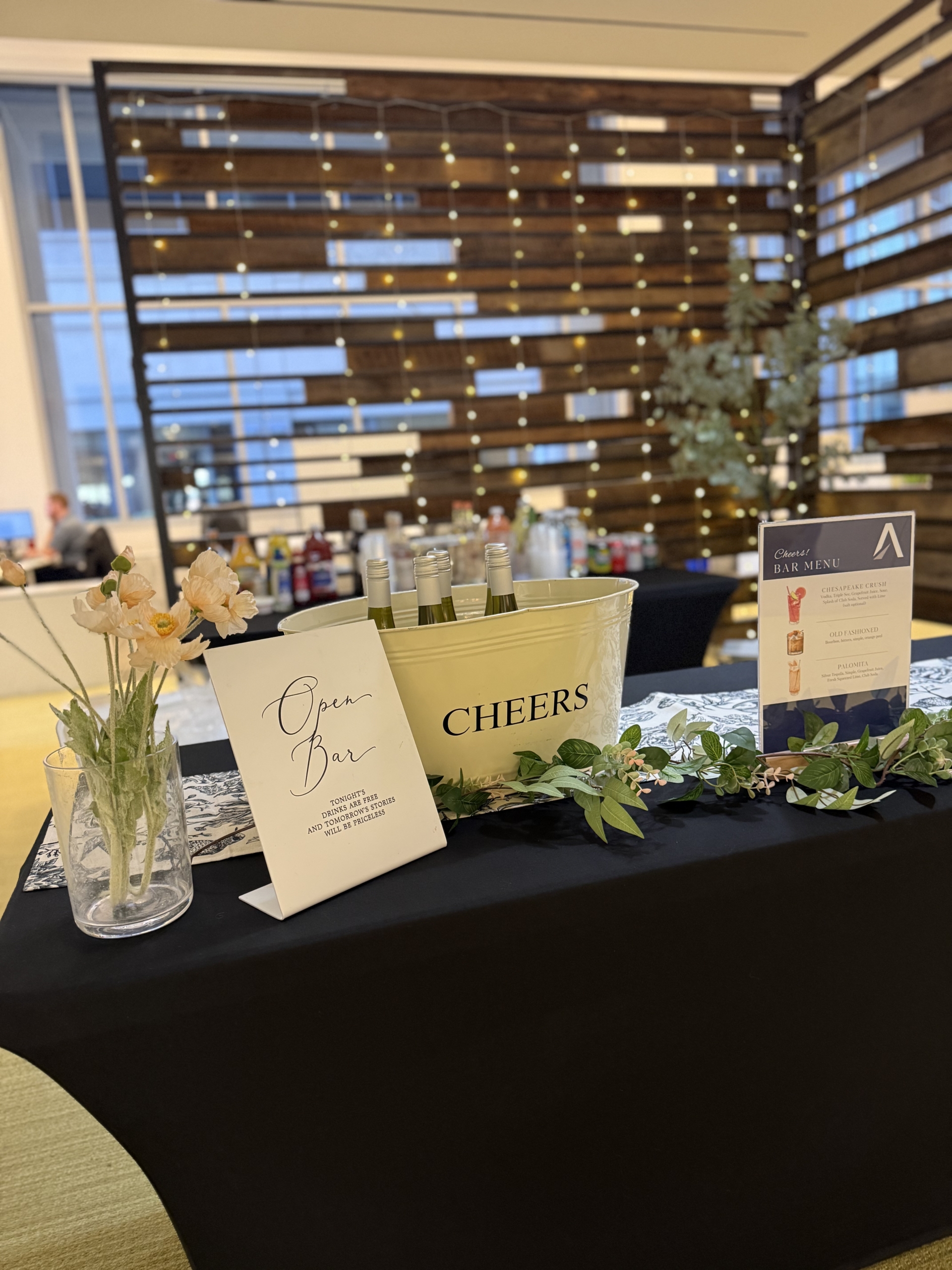 Wedding bar fully set up with alcohol display and spirit risers